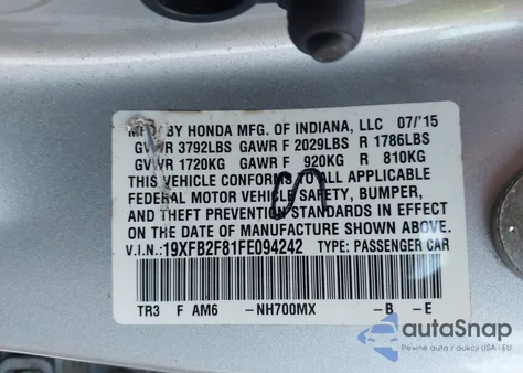2015 Honda Civic Ex from USA, damaged, VIN 19XFB2F81FE094242